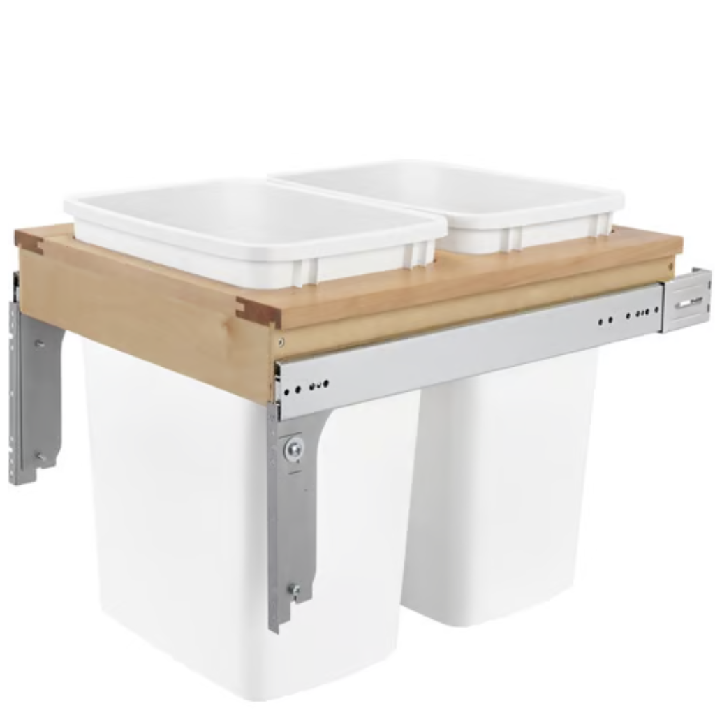 Wood Top Mount Double 2x 35 qt Trash Pull-Out Waste Containers for 18" Opening Width, 17-7/8" Height x 22-3/4 Minimum Depth, Natural